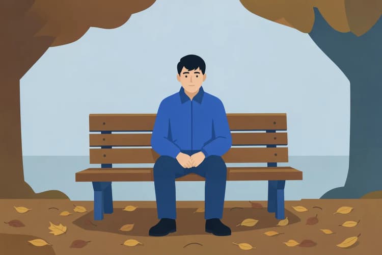 homem com expressão triste sentado sozinho em um banco de parque